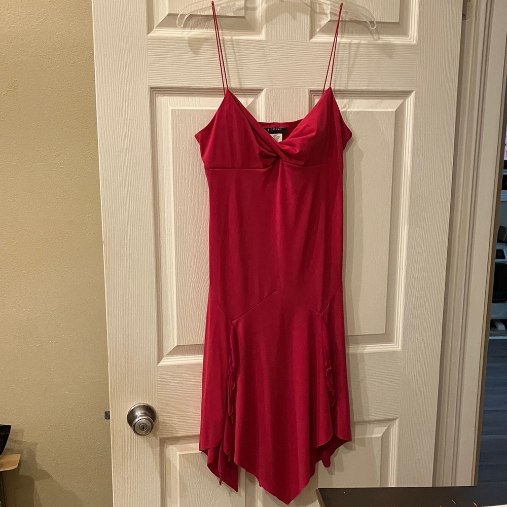 B. Smart Red Asymmetrical Slip Dress with Spaghetti Straps